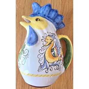 Vtg WILLIAMS SONOMA Ceramic Rooster Pitcher Made n Italy Hand Painted 8ish" Tall